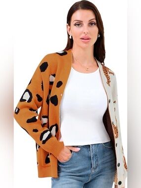NWT Derax Oversized Color Block Animal Print Cardigan - XS